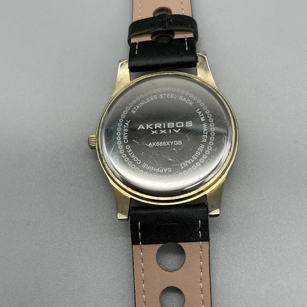 Akribos XXIV AK666XYGB Mens Watch 43mm Moon Phase Leather New Battery